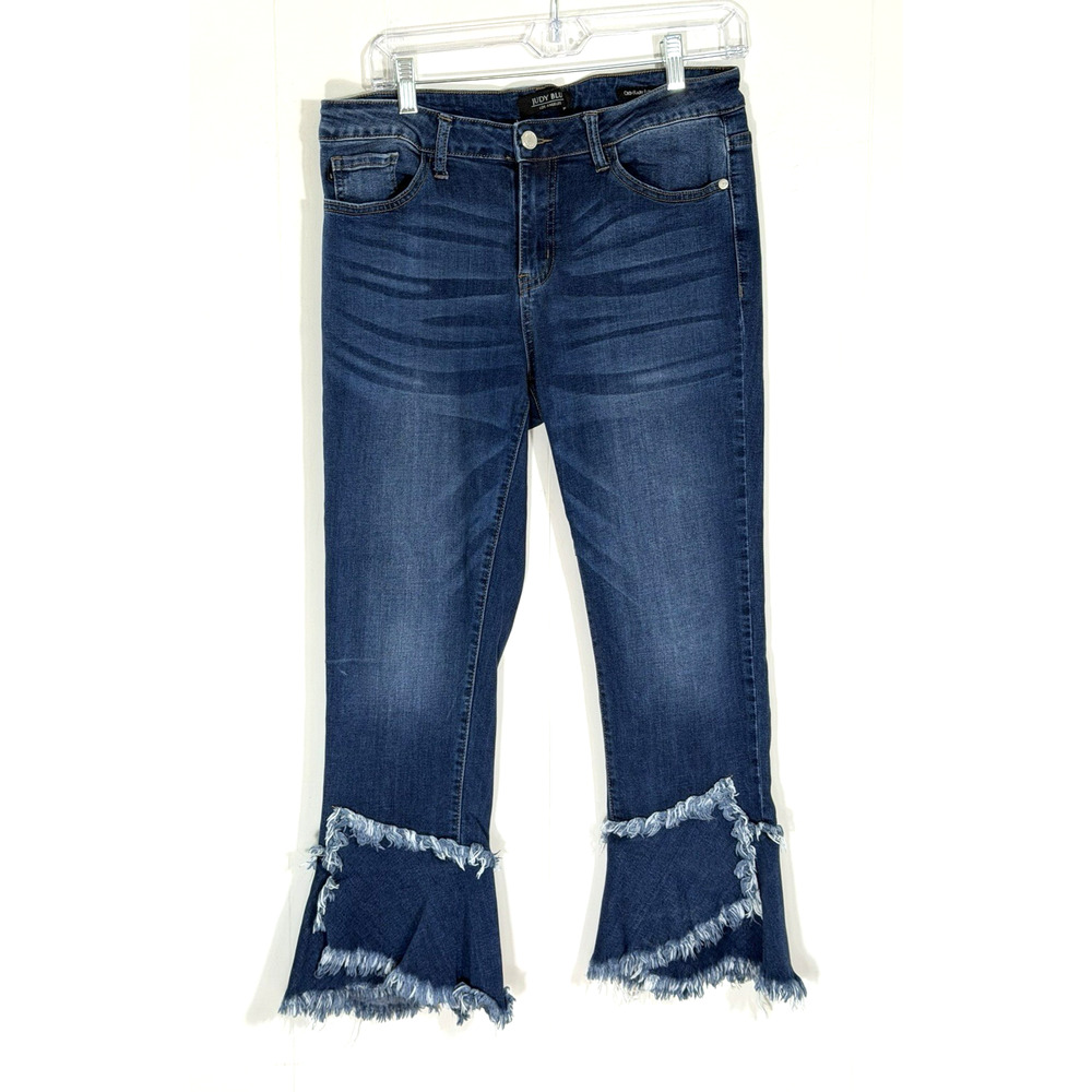 Judy Blue Crop Flare Fit Jeans Size 11/30 Stretch Raw Hem Hippie Boho JB8456